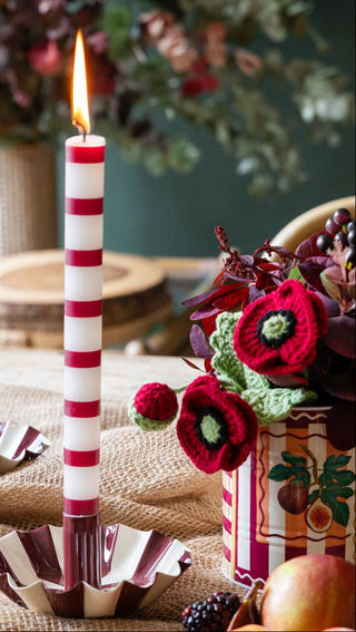 Burgundy & White Stripe Dinner Candles, Sold Individually