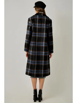 Midnight Blue Brushed Plaid Long Coat