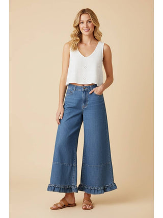 Ruffle Hem Wide Leg Cropped Denim Pants