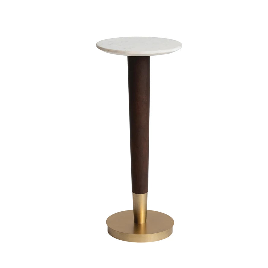Acacia Wood & Metal Martini Table with White Marble Top, Walnut & Brass Finish