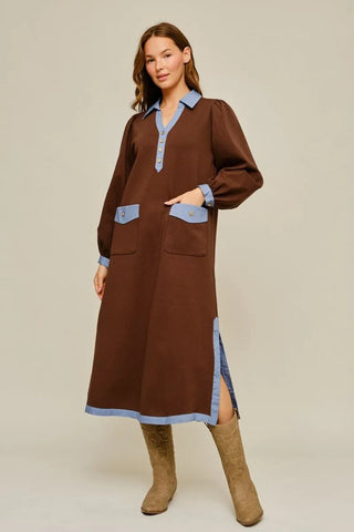 Pre Order 10/30 Brown Long Puff Sleeves Midi Dress with Side Slit