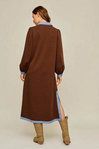 Pre Order 10/30 Brown Long Puff Sleeves Midi Dress with Side Slit