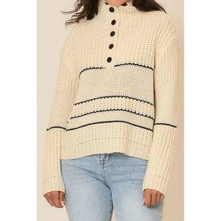 Button Up Knit Sweater with Contrast Stripes