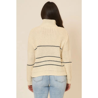Button Up Knit Sweater with Contrast Stripes