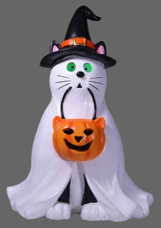 CAT IN GHOST COSTUME WITH WITCH HAT HOLDING JACK O LANTERN