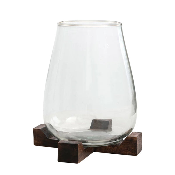 Glass Hurricane Vase with Mango Wood Base, Walnut Finish
