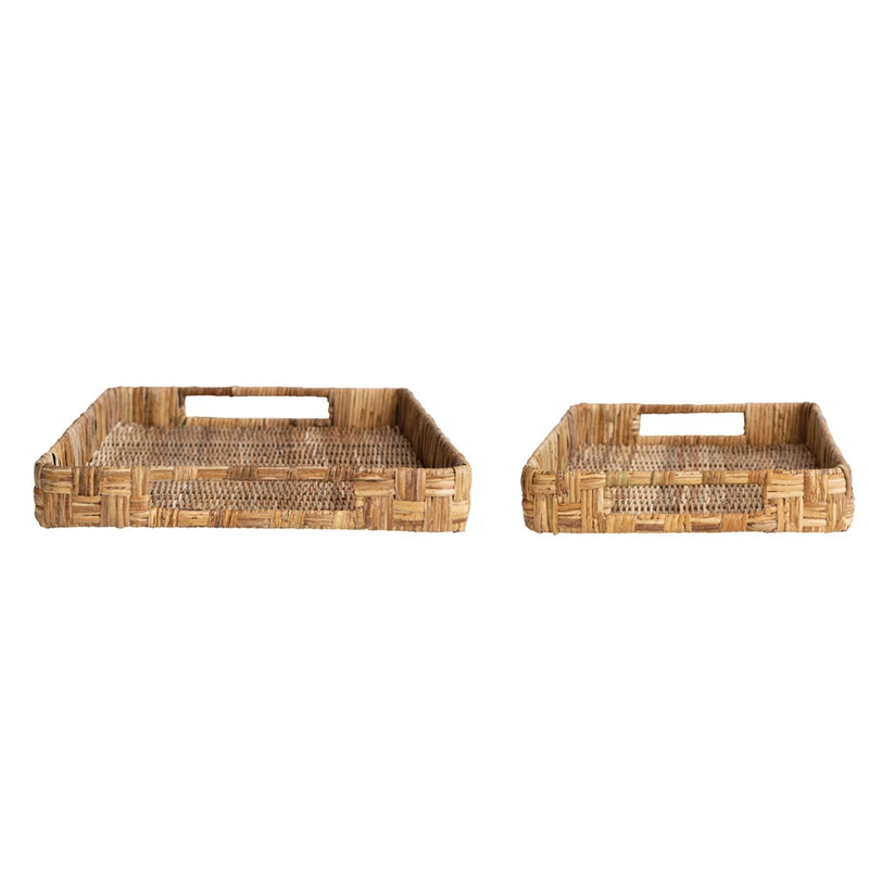 Decorative Hand-Woven Rattan Trays with Handles, Natural