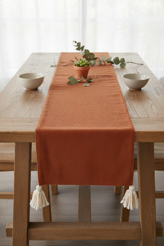 Cotton Corduroy & Linen Two-Sided Table Runner with Frayed Tassels
