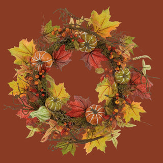 24" Orange Burgundy Pumpkin Berry Maple Wreath