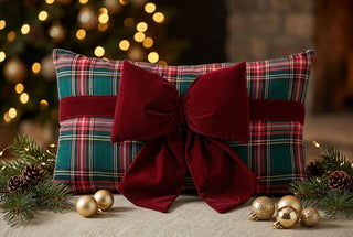8" W x 18.5" L Plaid Pillow with Velvet Bow Red Green