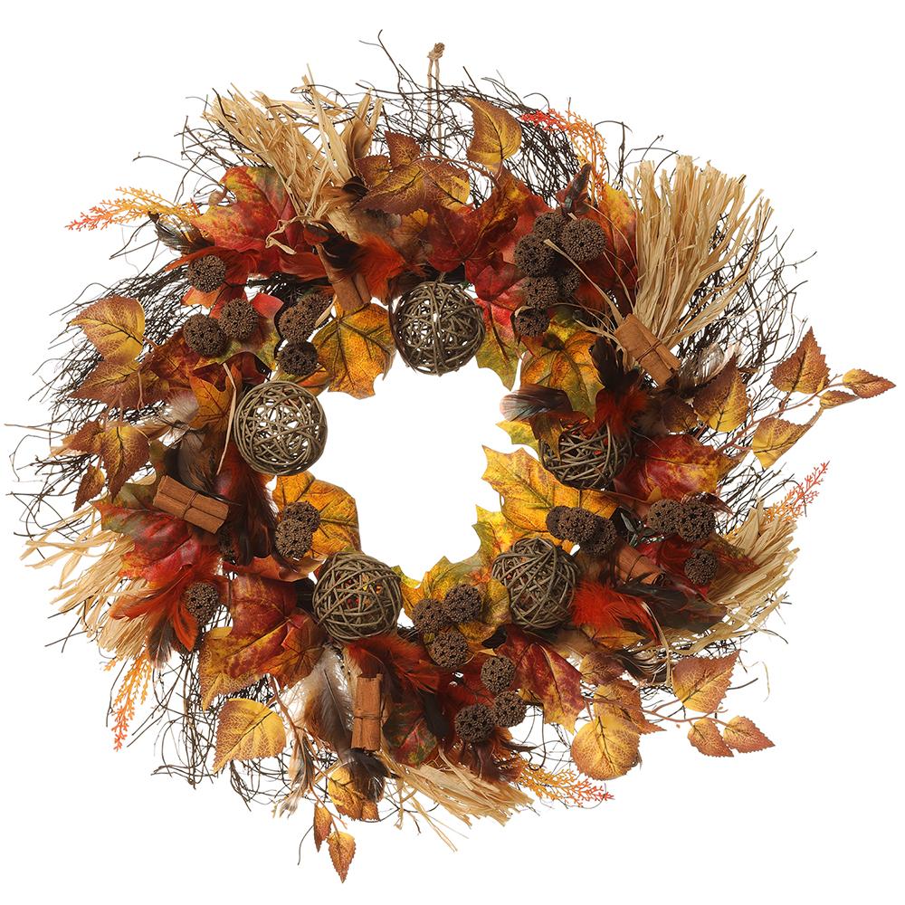 24" Twig Ball/Maple/Corn Husk Wreath Brown Burgundy