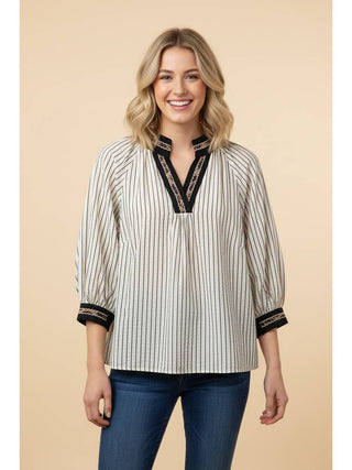 Striped V-Neck Blouse with Contrast Geometric Trim