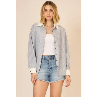 Cotton Blend Striped Oversize Blouse with Contrast Cuff and Collar