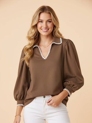 Scallop Trim Puff Sleeve V Neck Blouse