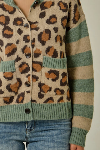 Leopard Jacquard Striped Sleeve Button Front Cardigan
