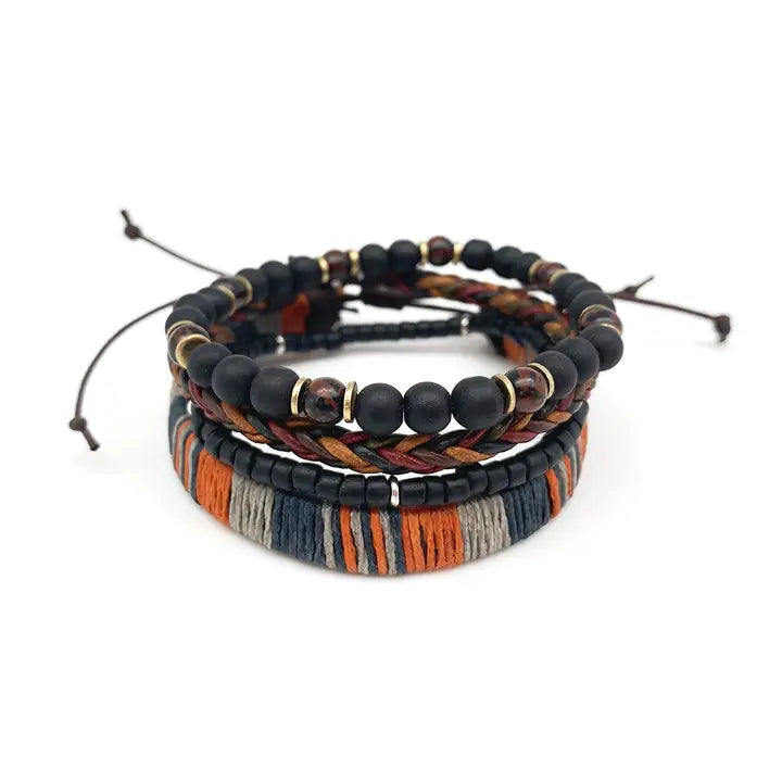 Aadi Black, Brown, Orange, Leather and Beads Bracelet Set