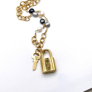 Pre Order LV lock denim freshwater pearl statement necklace