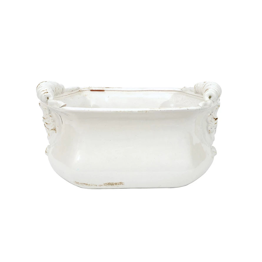 White Terra-cotta Cachepot with Crackle Glaze, Distressed Finish