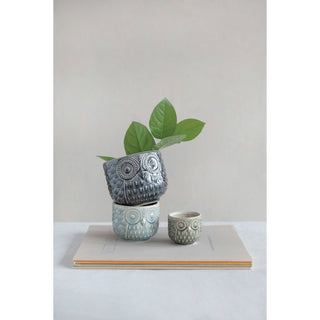 Set of 3 Decorative Stoneware Owl Containers