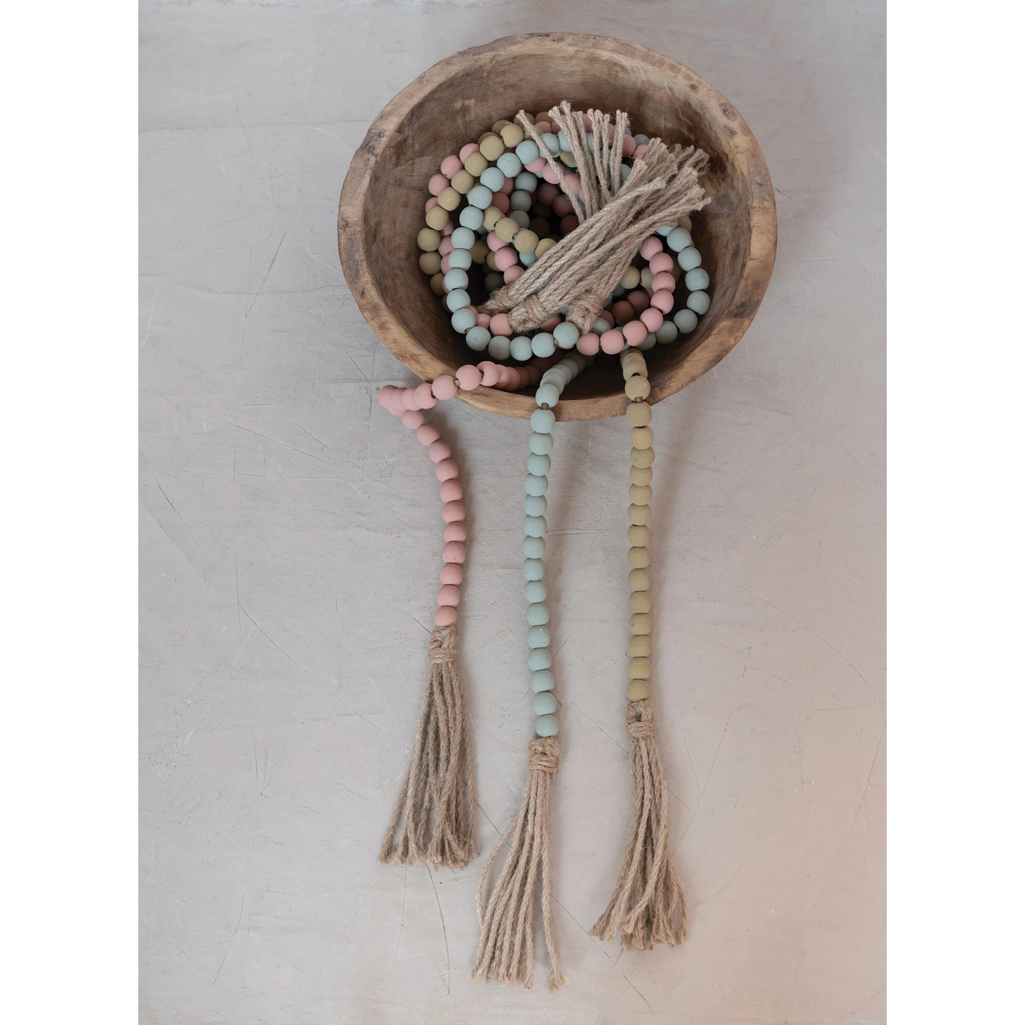 Paulownia Wood Bead with Jute Tassels, Color Options