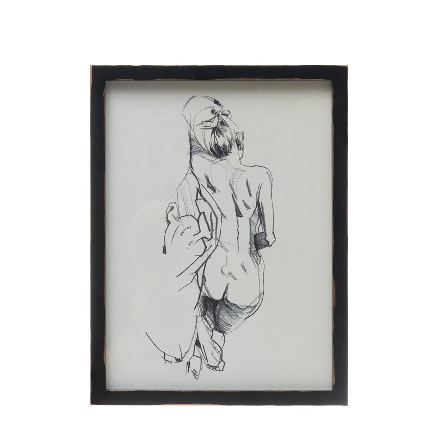 Wood Framed Glass Wall Décor with Nude Sketch