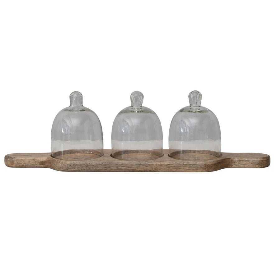 Mango Wood Serving Tray with Glass Cloches & Handles