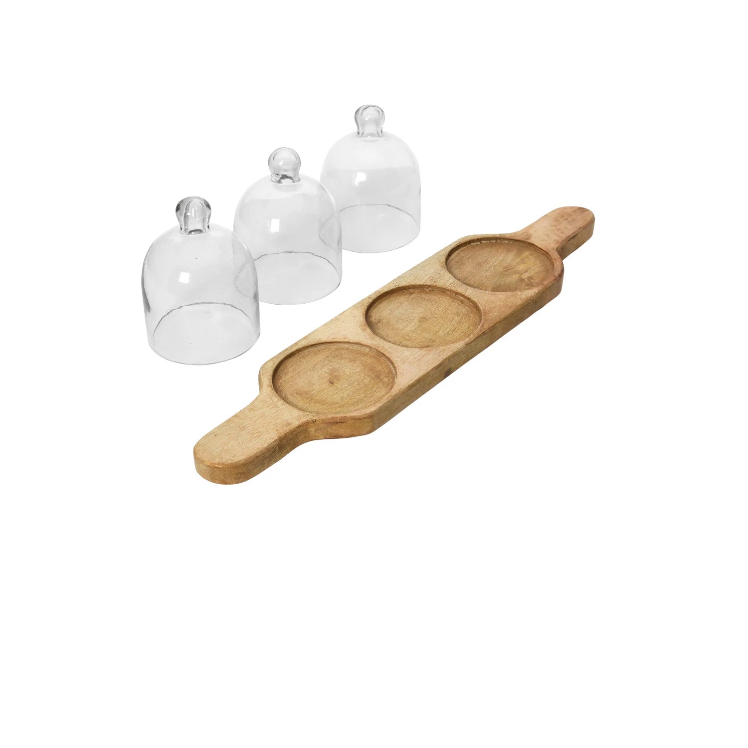Mango Wood Serving Tray with Glass Cloches & Handles