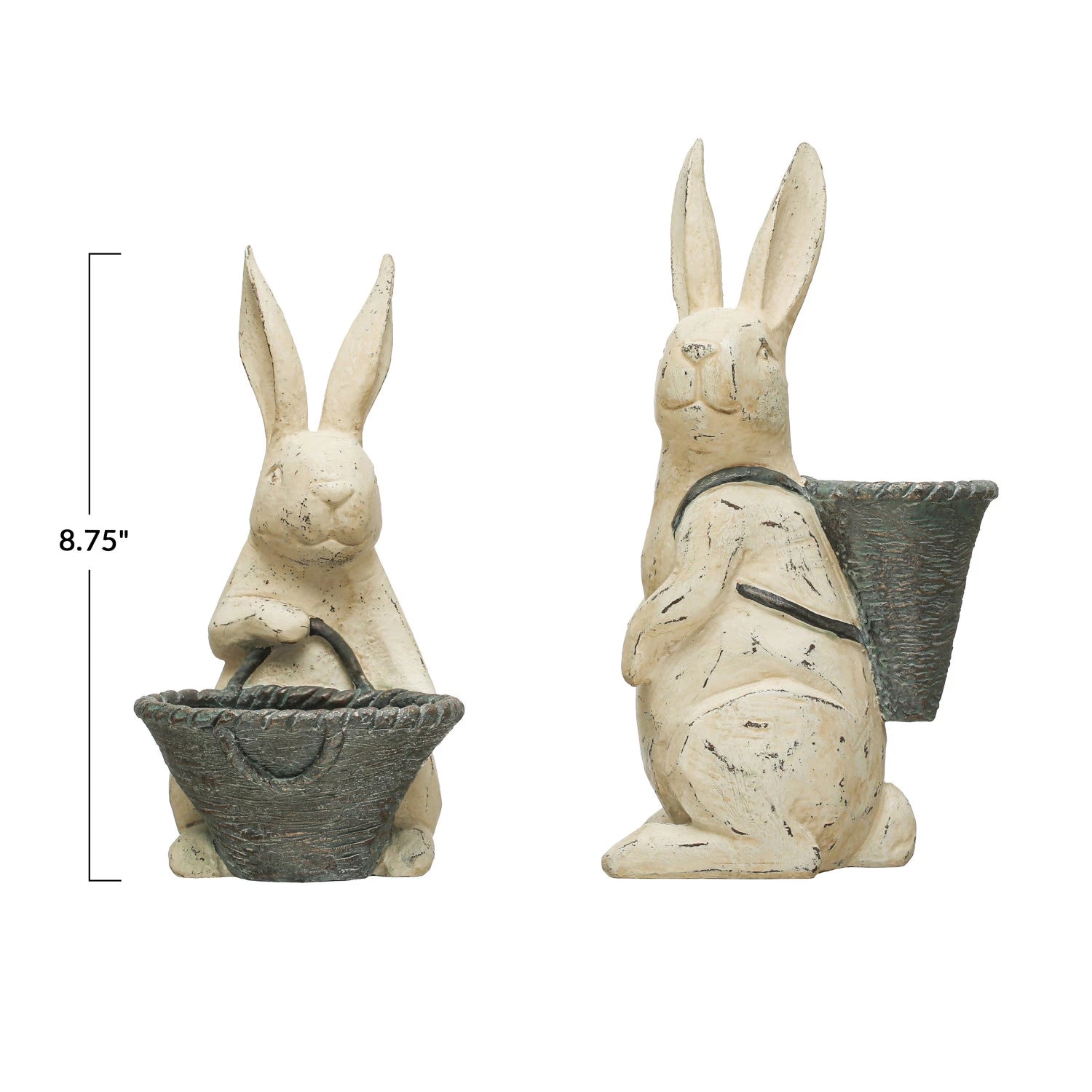 Resin Rabbit with Basket, Distressed Finish, Antique White & Grey, Style Options