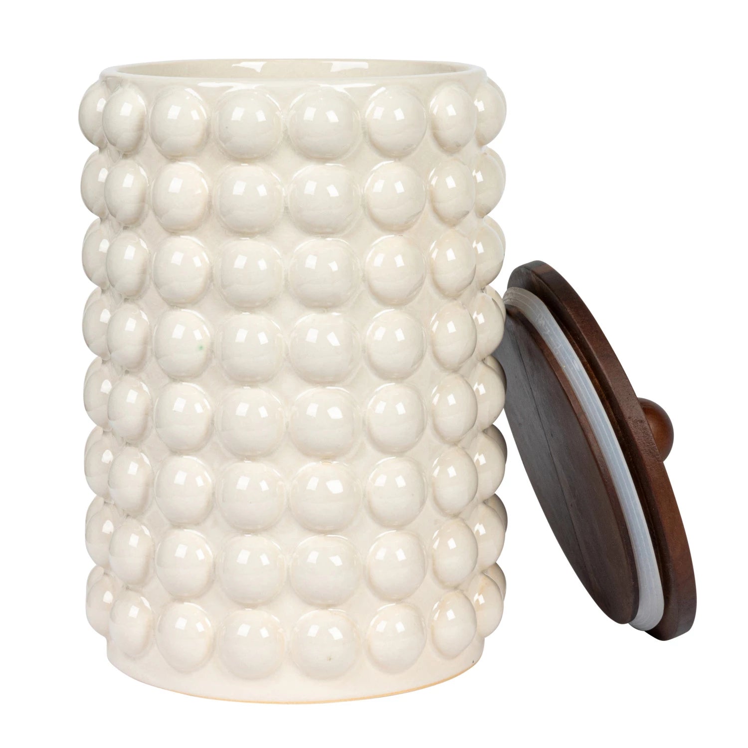 Stoneware Canister with Raised Dots & Acacia Wood Lid & Natural, Size Options