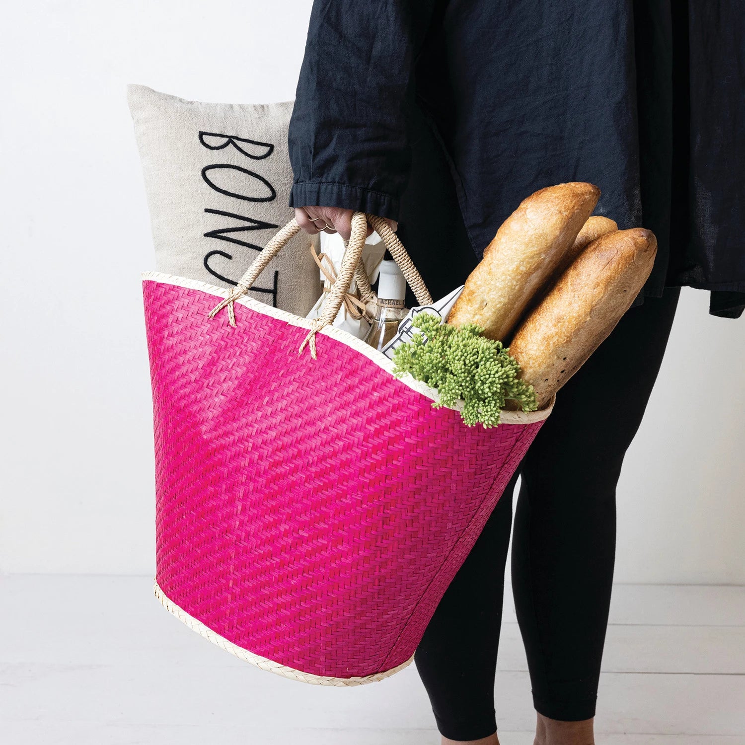 Palm Leaf Tote, Pink & Natural