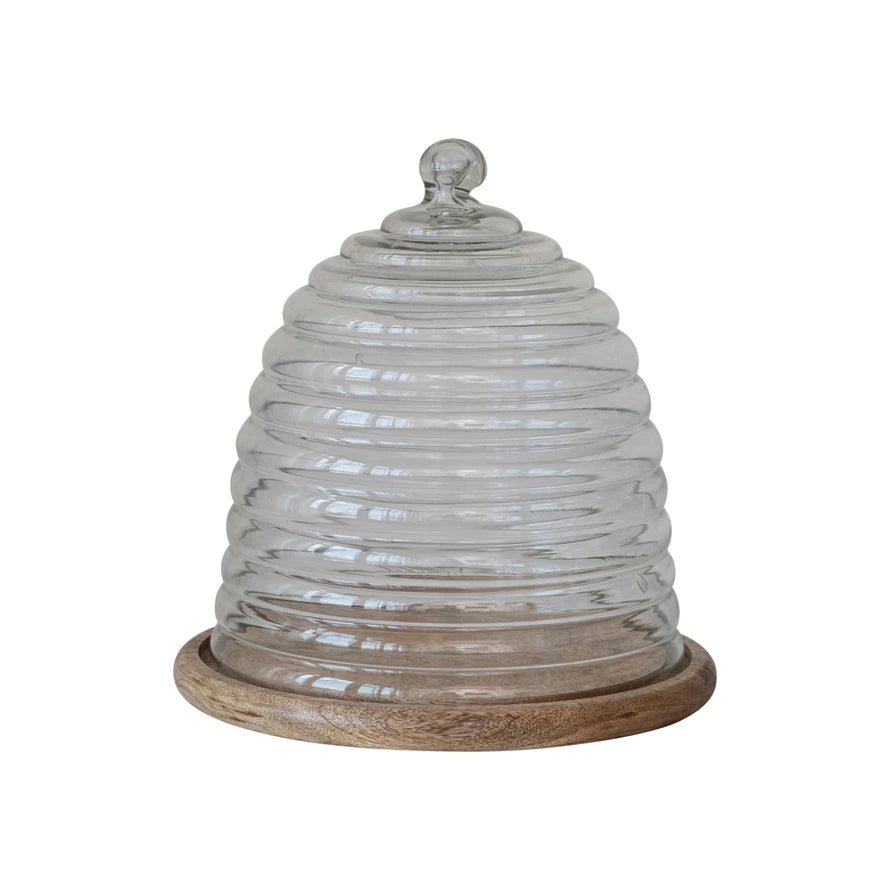 Recycled Glass Beehive Shaped Cloche with Mango Wood Base