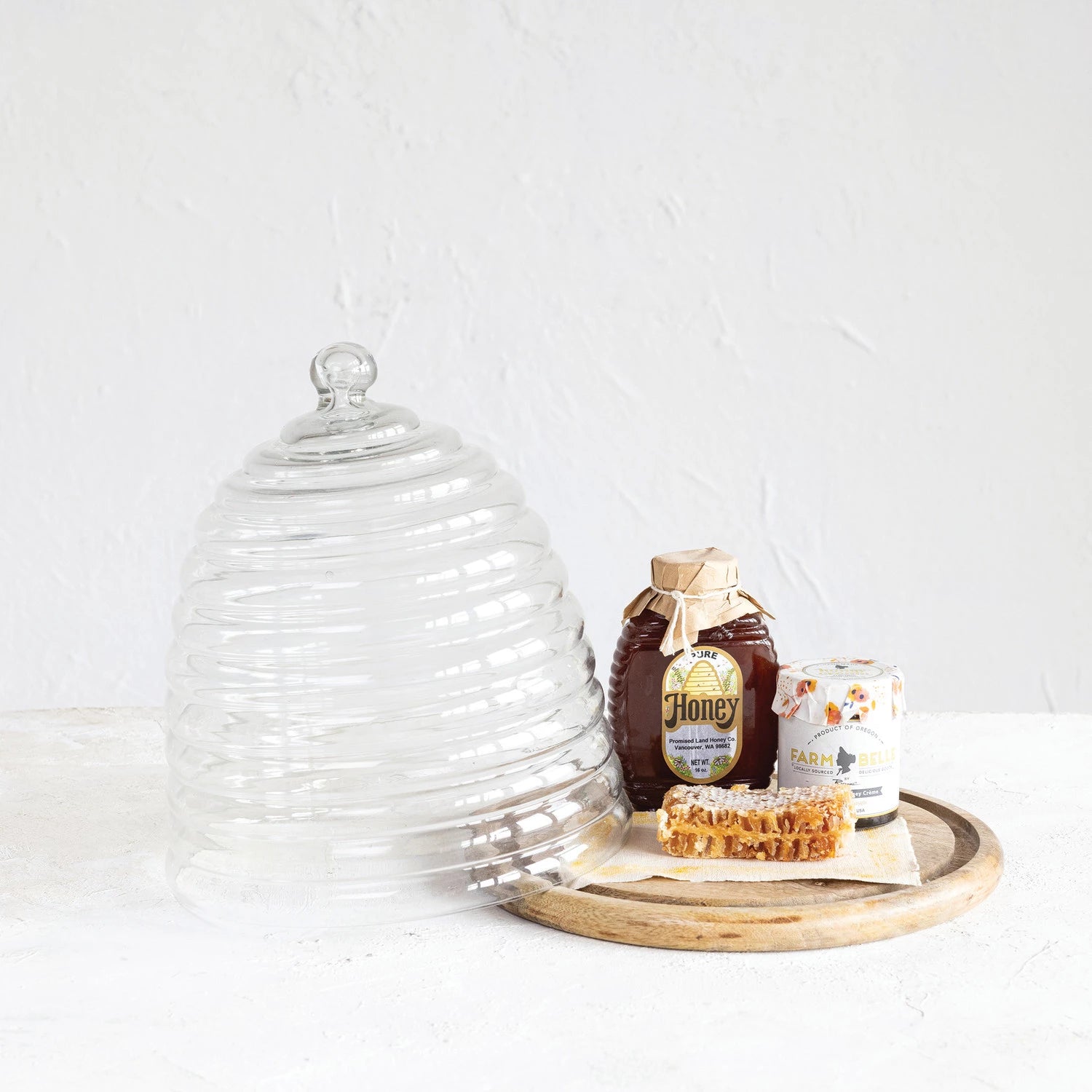 Recycled Glass Beehive Shaped Cloche with Mango Wood Base