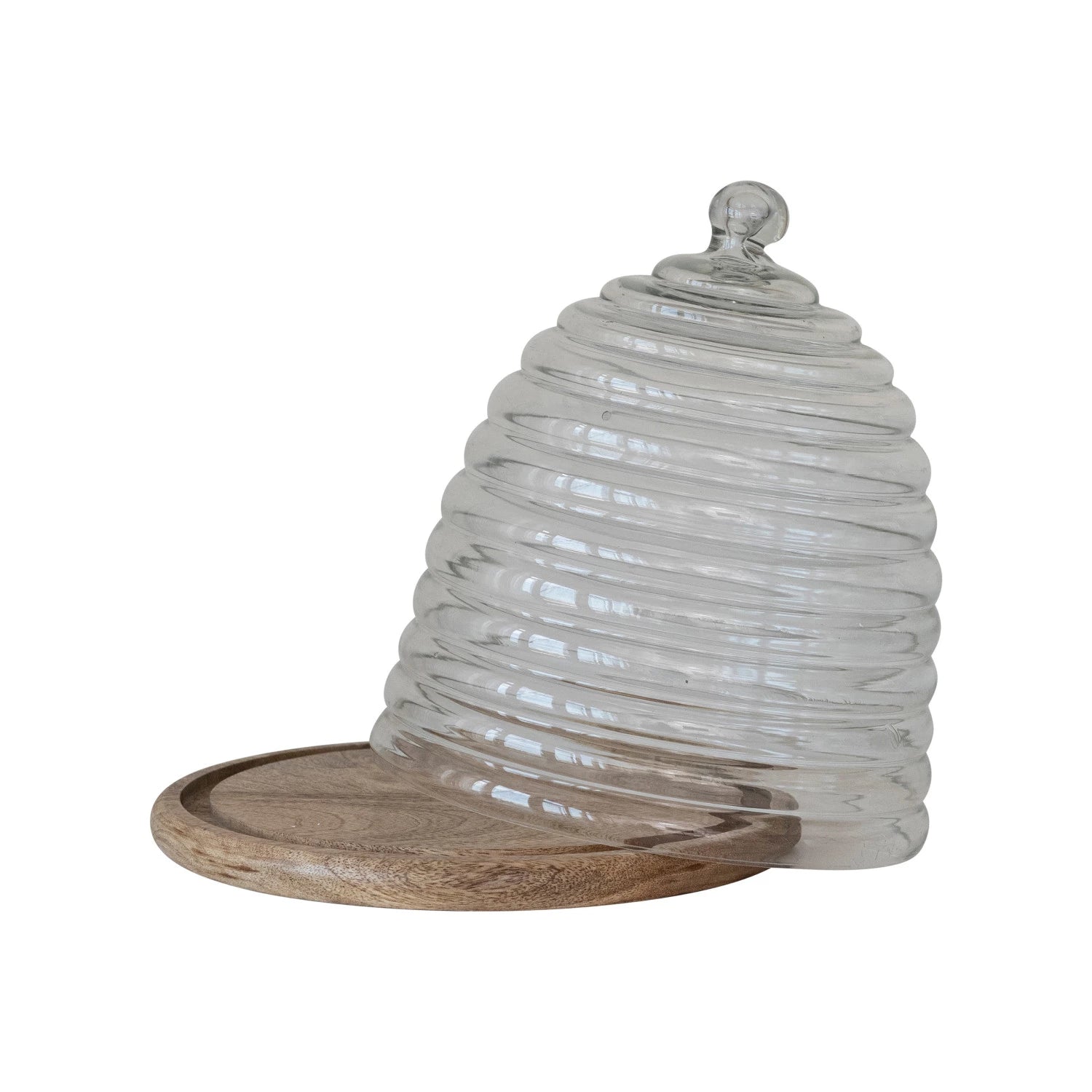 Recycled Glass Beehive Shaped Cloche with Mango Wood Base