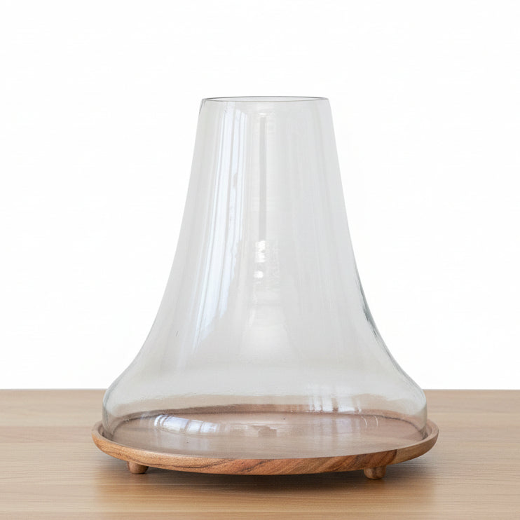 Pre Order Recycled Glass Cloche with Mango Wood Footed Base