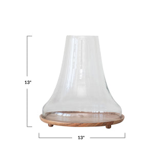 Recycled Glass Cloche with Mango Wood Footed Base