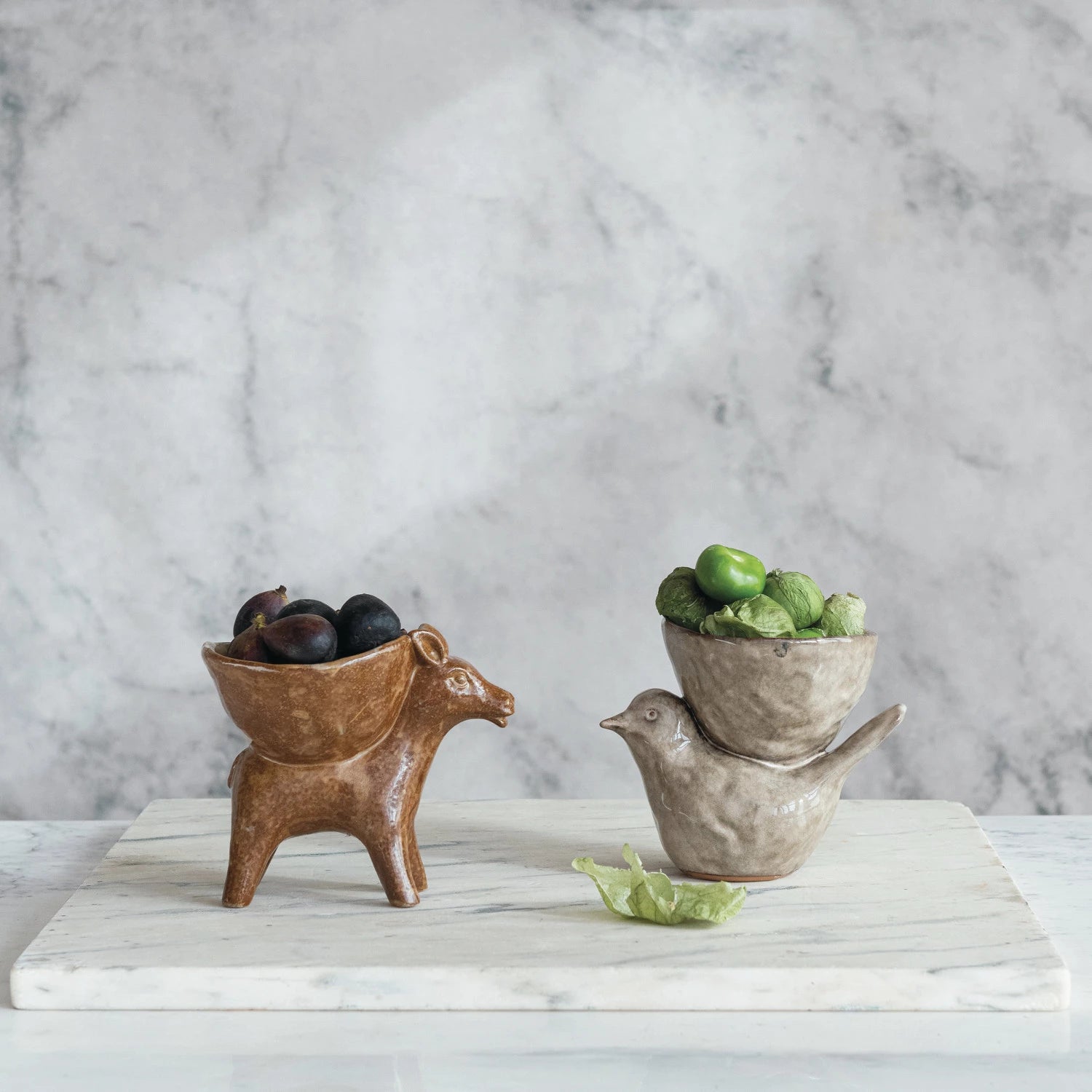 Stoneware Bird with Bowl, Cream Color