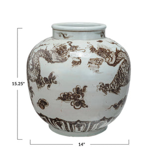 Hand-Painted Porcelain Vintage Reproduction Vase with Dragons