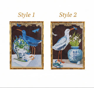 Pre Order Wood Faux Bamboo Framed Bird w/ Urn Canvas , 2 Style Options