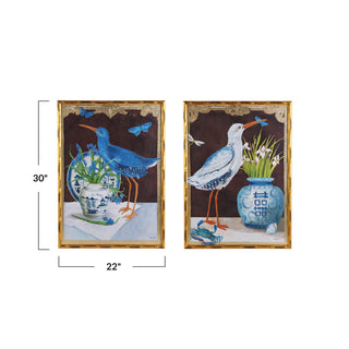 Pre Order Wood Faux Bamboo Framed Bird w/ Urn Canvas , 2 Style Options