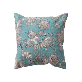 12" Square Cotton Voile Pillow with Florals, Hand-Embroidered Kantha Stitch & Chambray Back