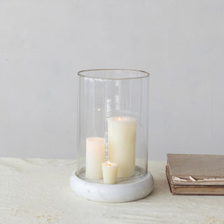 Pre Order 9" Round Glass Hurricane w/ White Marble Base