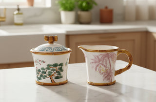 Set of 2 Hand-Painted Bamboo Style Edge Stoneware Sugar Pot & Creamer