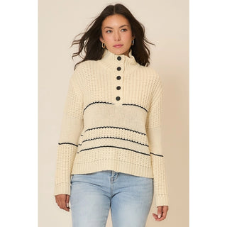 Button Up Knit Sweater with Contrast Stripes