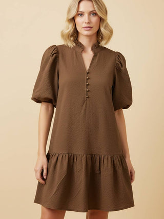 Textured Puff Sleeve Tiered Mini Dress