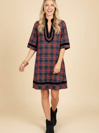 Plaid Shift Mini Dress with Contrast Velvet Trim