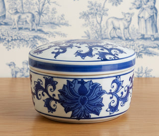 Blue & White Chinoiserie Round Ceramic Box - Lotus