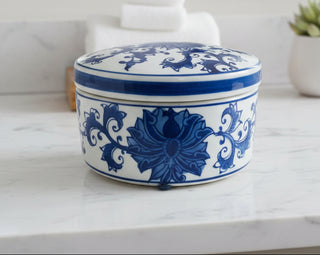Blue & White Chinoiserie Round Ceramic Box - Lotus