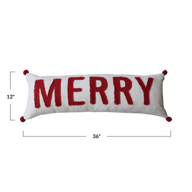 "Merry" Appliqued  Lumbar Pillow with Pom Poms