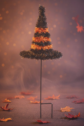Metal & Tinsel Striped Witch Hat Yard Stake