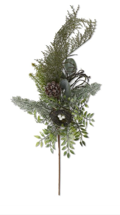 23 Inch Glittered Nest with Mixed Pine Eucalyptus Twig & Pinecone Stem